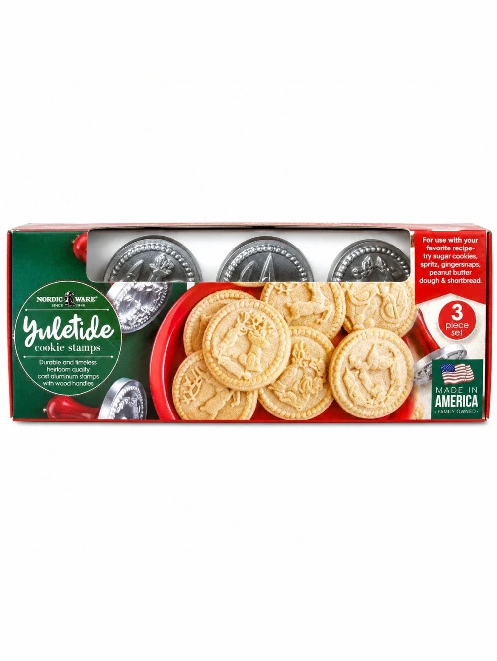 Nordic Ware Yuletide Cookie Stamps 3 Pc Set Cast Aluminum Wooden Handles